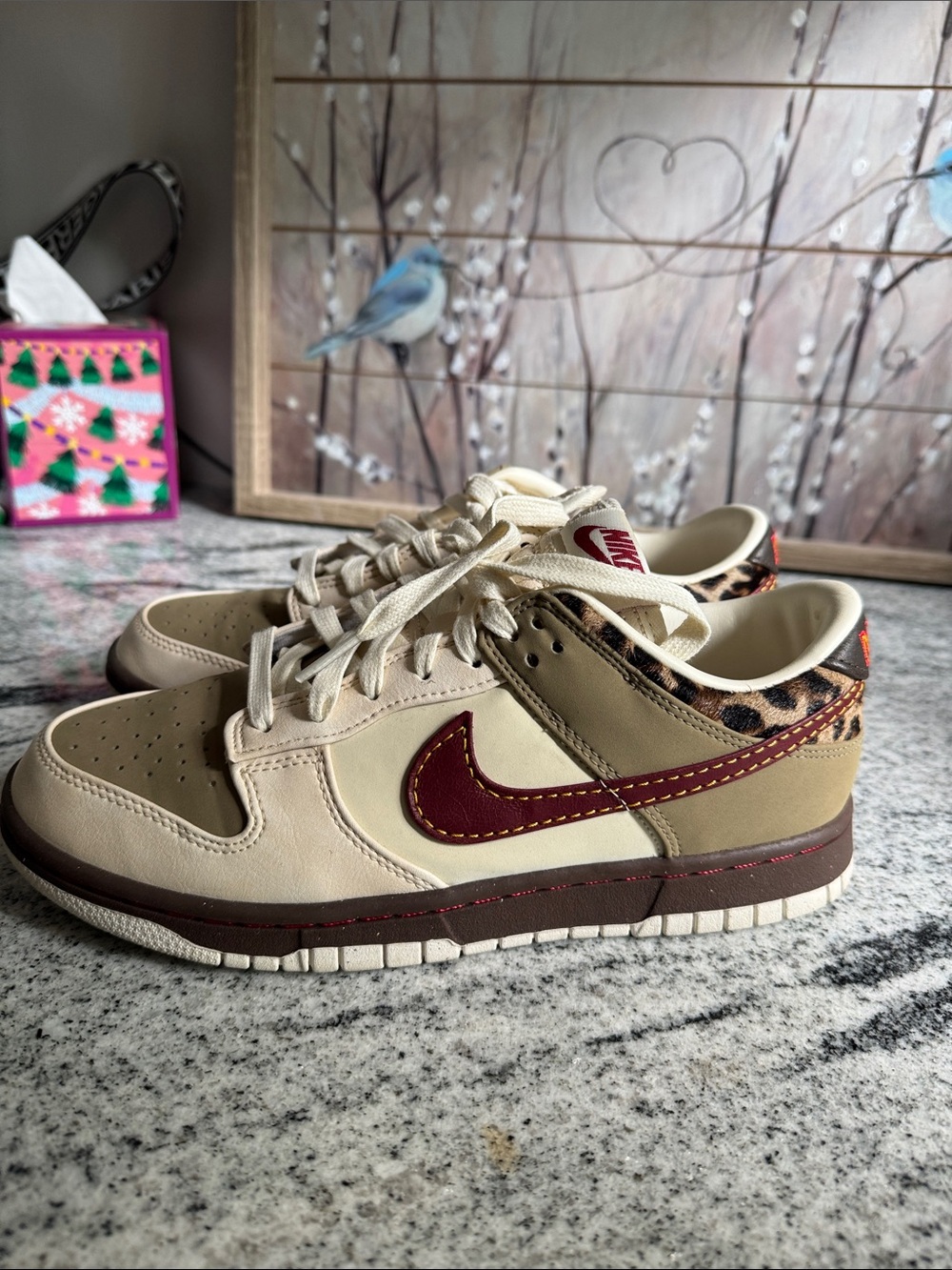 Nike Kids Beige and Burgundy Low-Top Sneakers with Leopard Accent